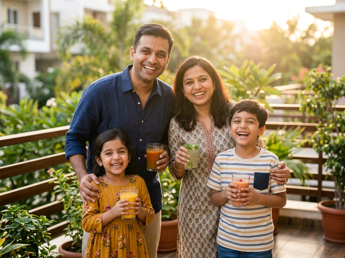 Happy Indian family enjoying healthy daily nutrition
