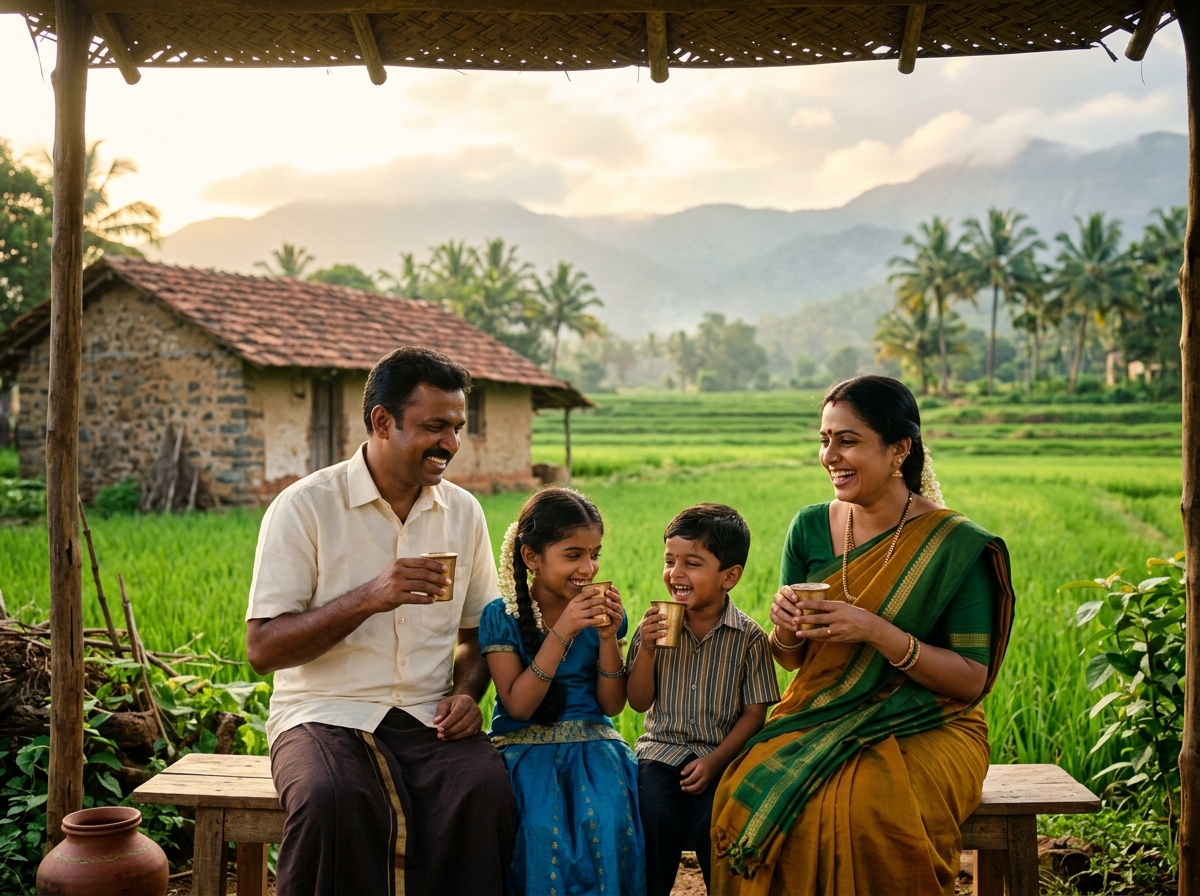 Happy Indian Family drinking nutritious Halli Siri malt on farm