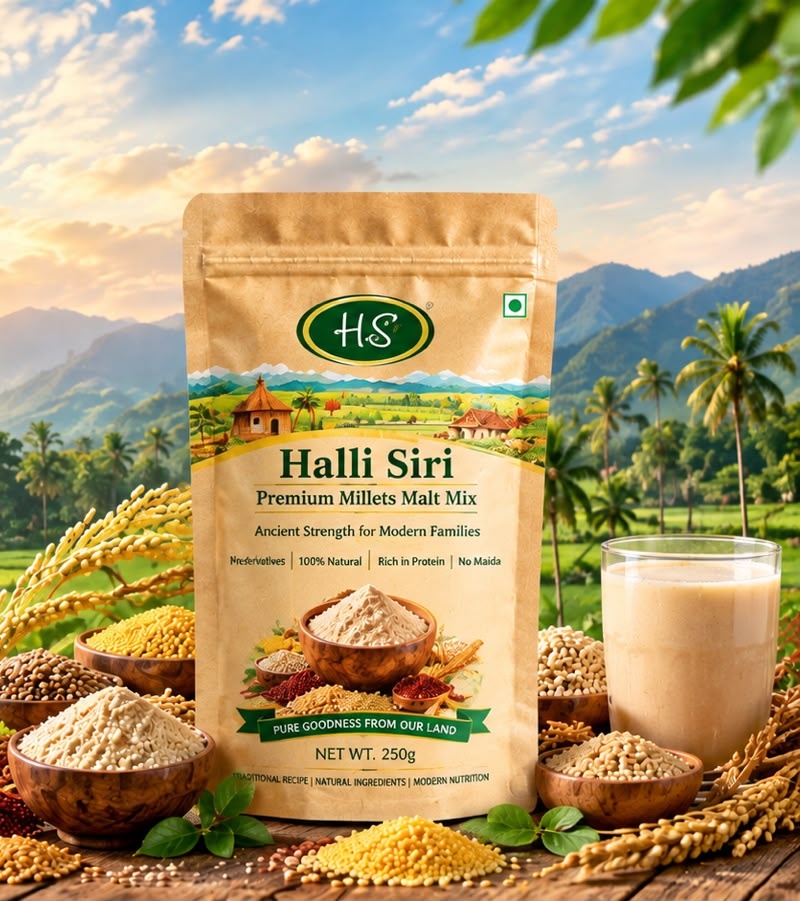 Halli Siri Premium Millets Malt Mix packaging and farm-fresh ingredients